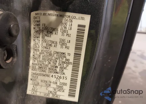 2006 Nissan Frontier Se z USA, uszkodzony, nr VIN 1N6AD06W96C452635